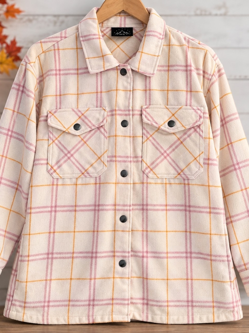 HFX Women’s Small Plaid Shacket Cream Pink Orange Snap Front Jacket